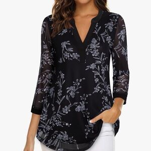 Chic Blue Floral Women's Blouse 3/4 sleeve